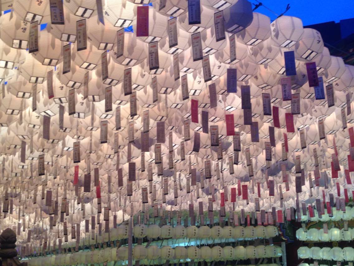 Thousands of white paper lanterns hung in dense rows under a canopy at Jogyesa Temple in Seoul, each with a red, blue or purple name tag hanging beneath it, lit from within against an evening sky.
