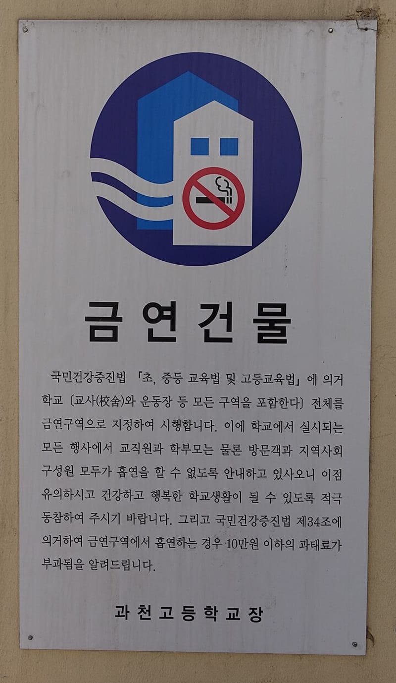 A white sign on a school wall titled 금연건물 (no-smoking building), with a blue building symbol and a red no-smoking circle, says in Korean that under the National Health Promotion Act the whole school, buildings and sports ground included, is a no-smoking zone and that smoking there brings a fine of up to ₩100,000 under Article 34; it is signed by the principal of Gwacheon High School.