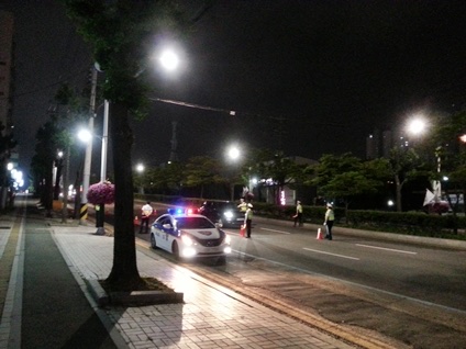 A police patrol car with flashing lights parked on a dark city road at night, with officers in reflective vests and traffic cones spread across the lanes of a sobriety checkpoint, and street lamps and trees along the pavement.